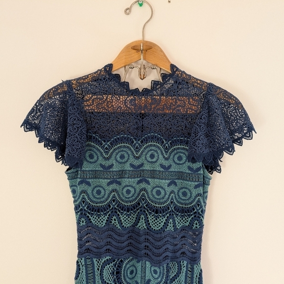 Sea New York Dress Womens 2 Blue Teal Lola Lace Sheath Flounce Hem Midi FLAW - Picture 2 of 7